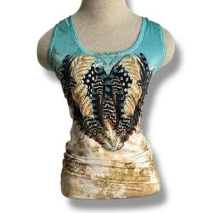 Western Rodeo Tank Top Womens Small Lace Heart Feather Print Panhandle Slim